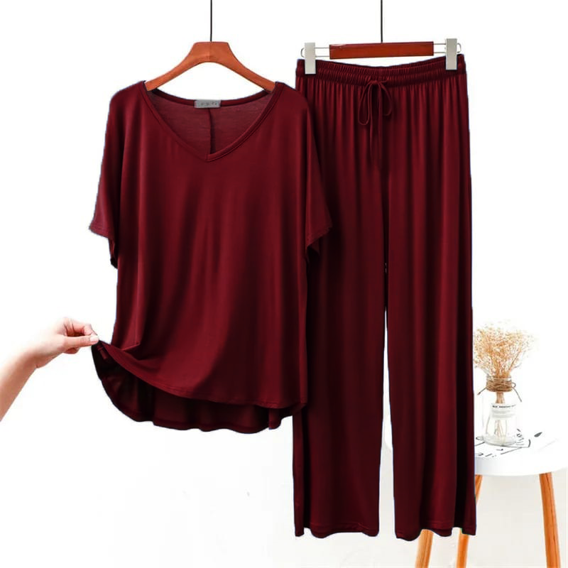 Maroon Plain V Neck Short Sleeves With Palazzo Trousers(631) (short sleeves)