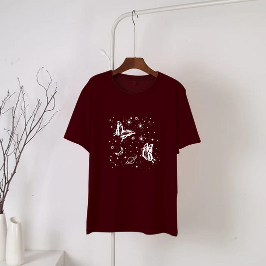 Maroon Galaxy Round Neck Half Sleeves T-Shirt (696)