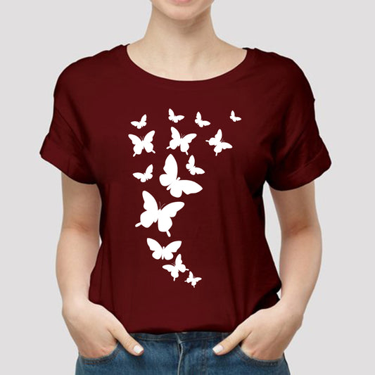 Maroon butterfly Printed Round Neck Half Sleeves T-Shirt (T19)