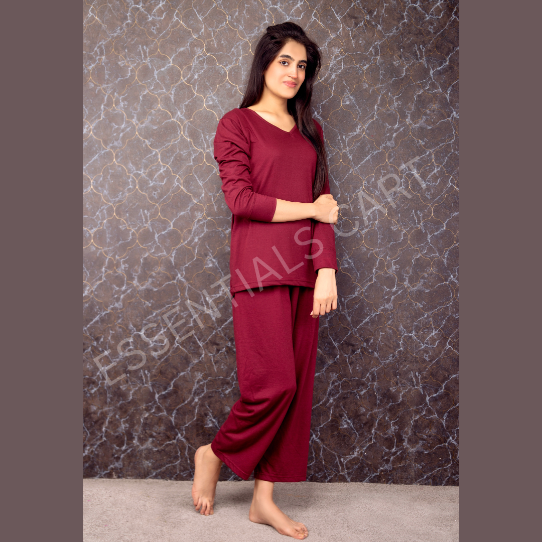 Maroon Plain V Neck Full Sleeves With Palazzo Trousers(631) (TB)