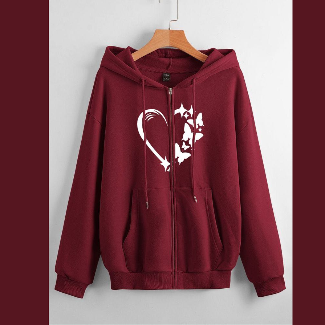 Maroon hearts butterfly winter warm zipper hoo (671)