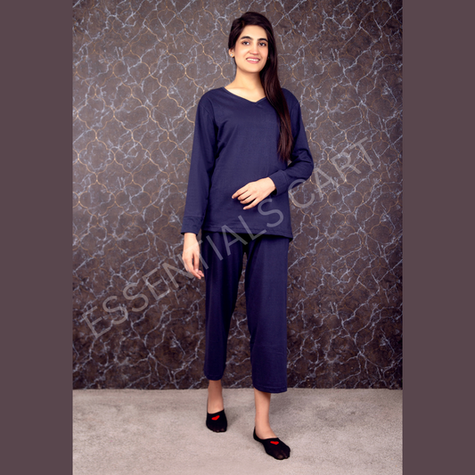 Navy Blue Plain V Neck Full Sleeves With Palazzo Trousers(632)(TB)