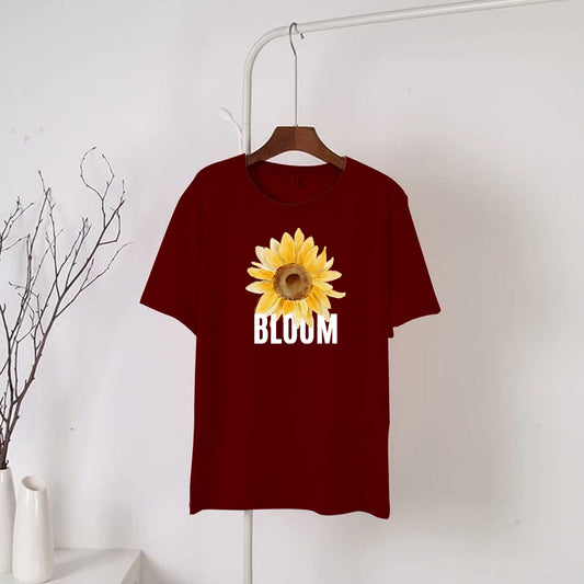 Maroon Bloom printed Round Neck Half Sleeves T-Shirt (676)