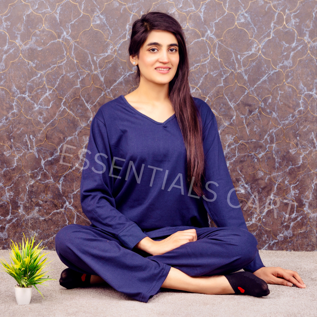 Navy Blue Plain V Neck Full Sleeves With Palazzo Trousers(632)(TB)