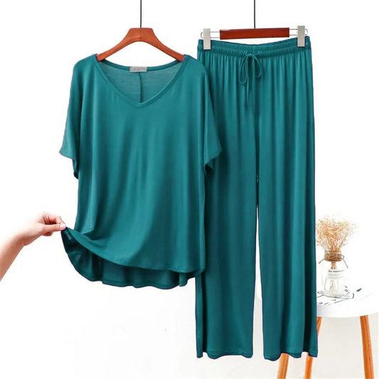 Green Plain V Neck Short Sleeves With Palazzo Trousers(751) (short sleeves)