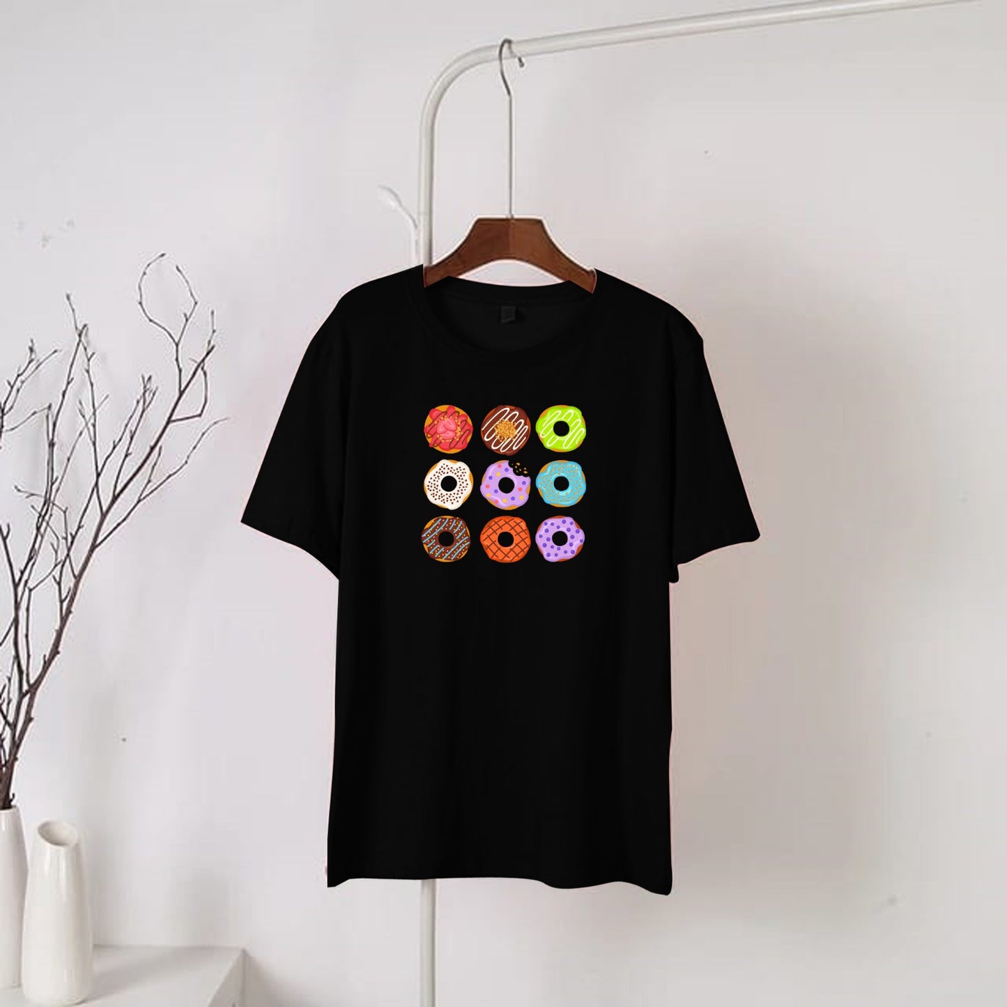 Black Donuts Printed Round Neck Half Sleeves T-Shirt (670)