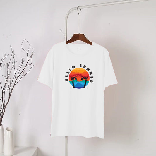 White Hello Summer Round Neck Half Sleeves T-Shirt (665)