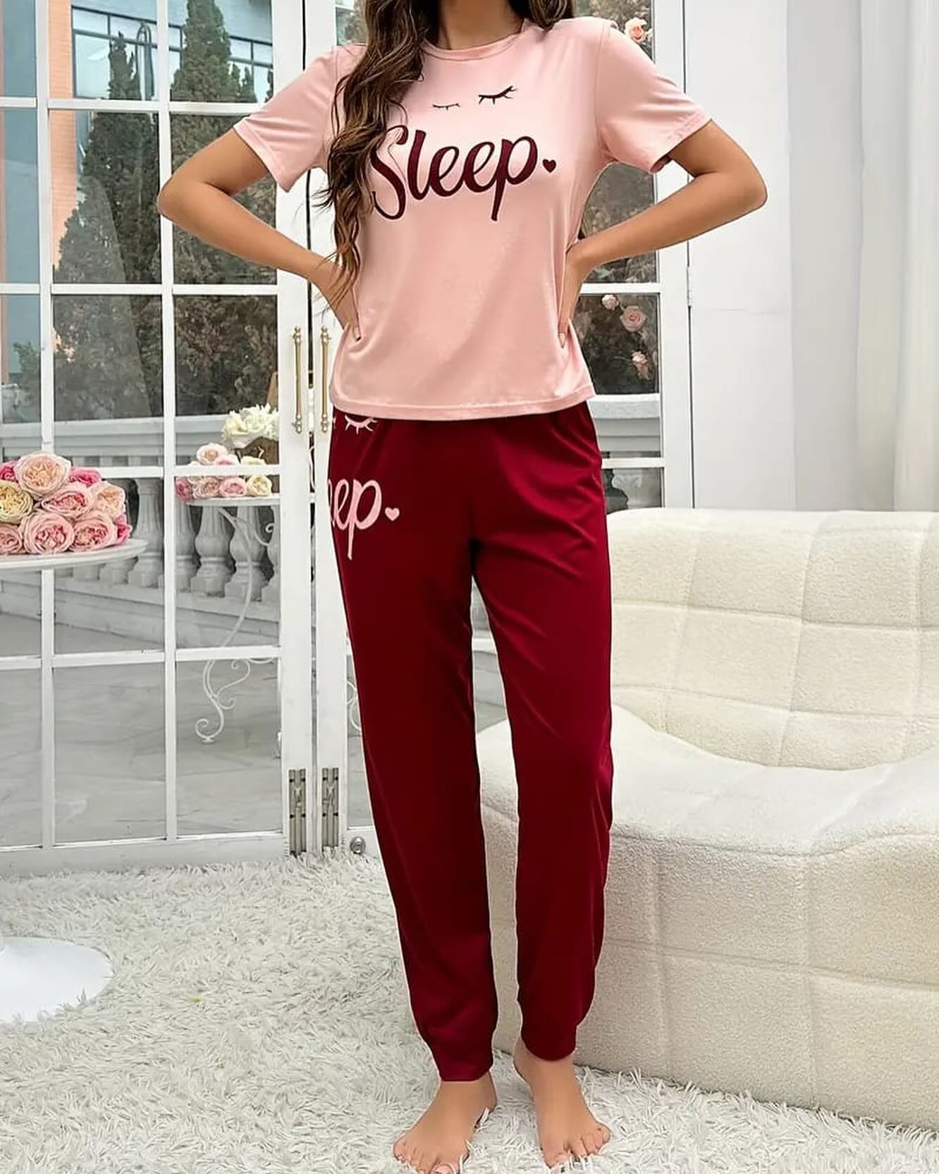 Tea Pink Sleep pajama night suit Half Sleeves (852)