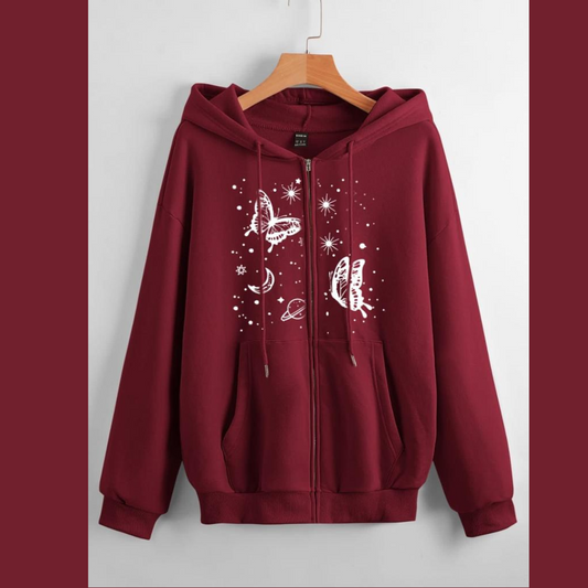 MAROON moon star butterfly earth winter warm zipper hoodie (675)