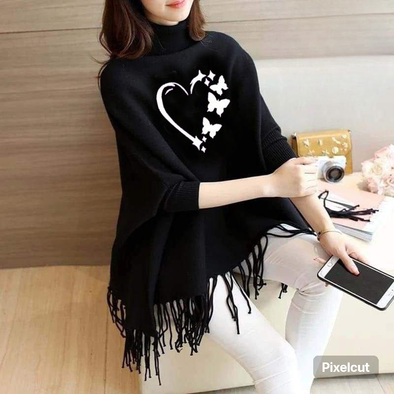 black poncho/Cape Shawl with classic hearts butterfly (poncho-5)