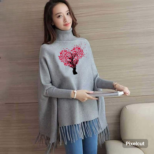 Gray poncho/Cape Shawl with Tree Heart (poncho-20)