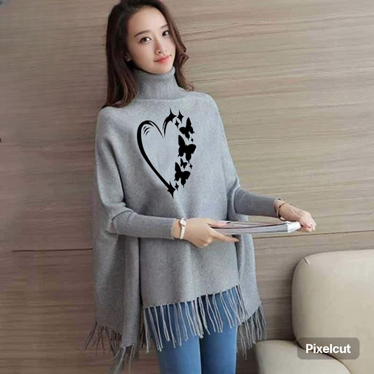 Gray poncho/Cape Shawl with Classic Hearts Butterfly (poncho-21)