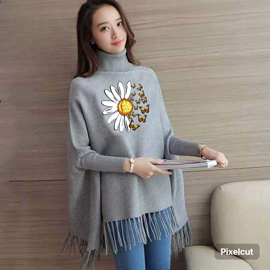 Gray poncho/Cape Shawl with sun flower (poncho-15)