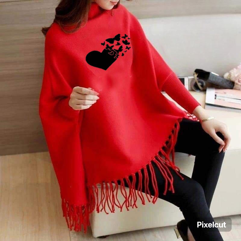 Red poncho/Cape Shawl with Black Heart Multi Butterflies   (poncho-3)