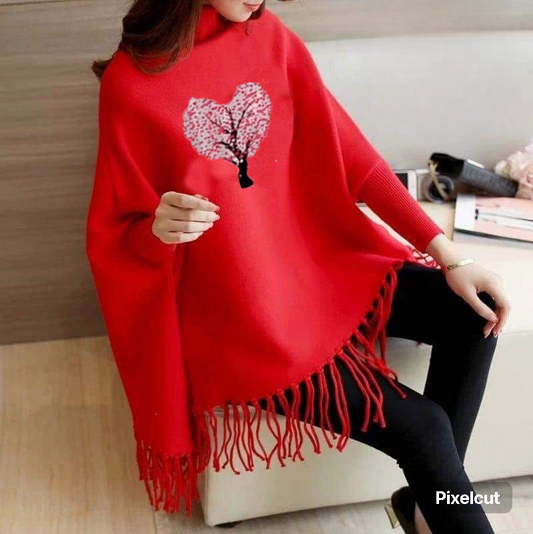 Red poncho/Cape Shawl with Tree Heart (poncho-6)