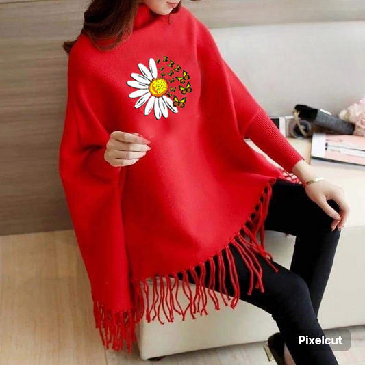 Red poncho/Cape Shawl with Sun Flower (poncho-7)