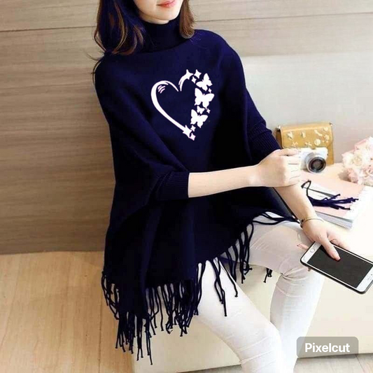 Navy Blue poncho/Cape Shawl with Classic Hearts Butterfly (poncho-22)