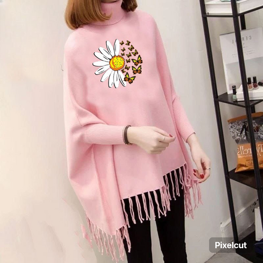 Pink poncho/Cape Shawl with sun flower (poncho-14)