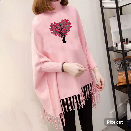 Pink poncho/Cape Shawl with Tree Heart (poncho-18)