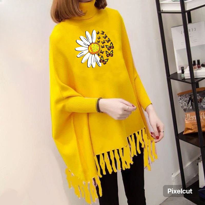 Yellow poncho/Cape Shawl with sunflower and butterflies   (poncho-24)