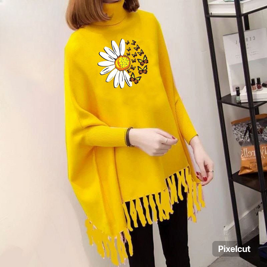 Yellow poncho/Cape Shawl with sunflower and butterflies   (poncho-24)