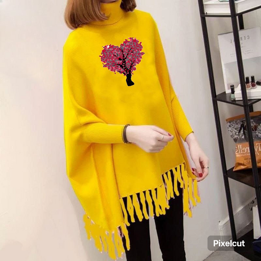 yellow poncho/Cape Shawl with tree heart   (poncho-2)