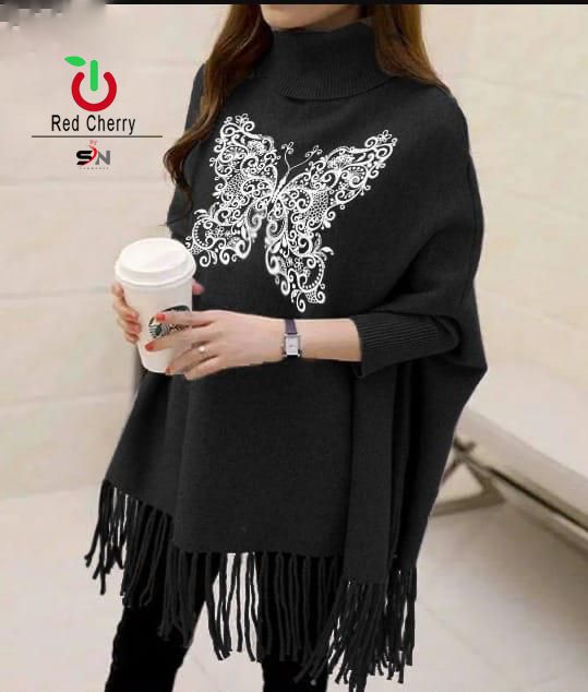 white butterfly in black poncho/Cape Shawl (683)