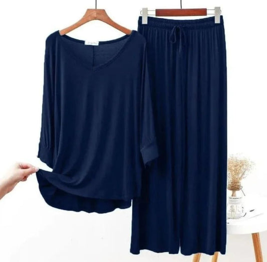 Navy Blue Plain V Neck Full Sleeves With Palazzo Trousers(632)