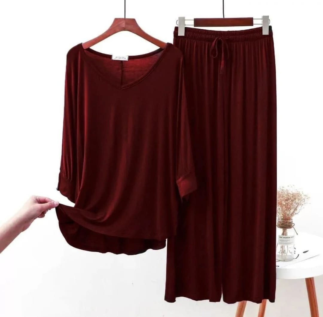 Maroon Plain V Neck Full Sleeves With Palazzo Trousers(631)