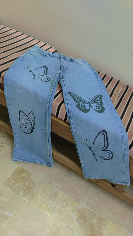 Light Blue Butterfly Printed Wide Legs Jeans For Her  (787)