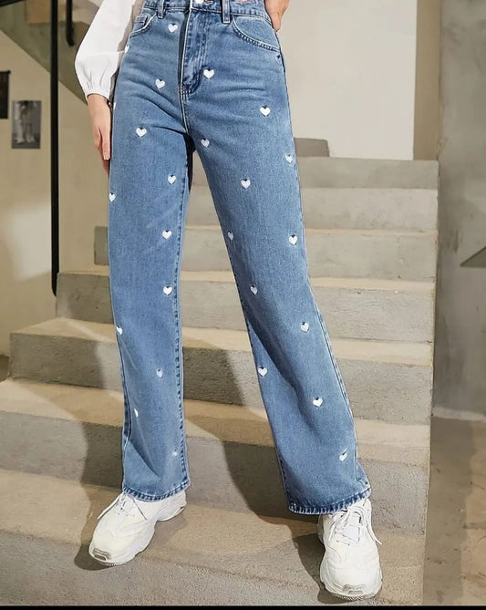 Light Blue Multi Hearts Printed Wide Legs Jeans For Her  (786)