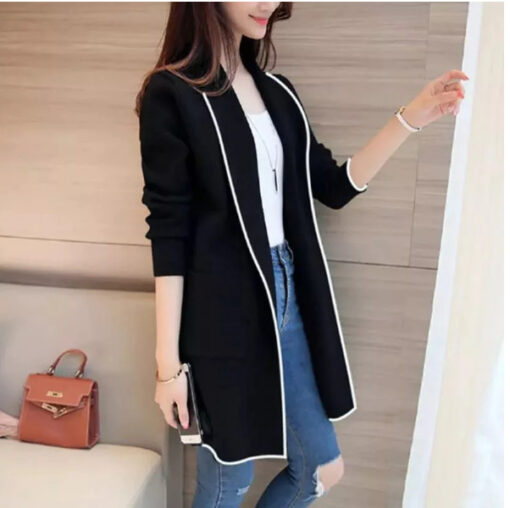 BLACK LAPEL FRONT OPEN LONG COAT FOR WINTER (120)