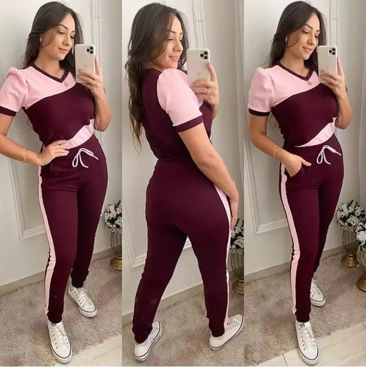 Pink With Maroon Short Sleeves Track Suit (798)