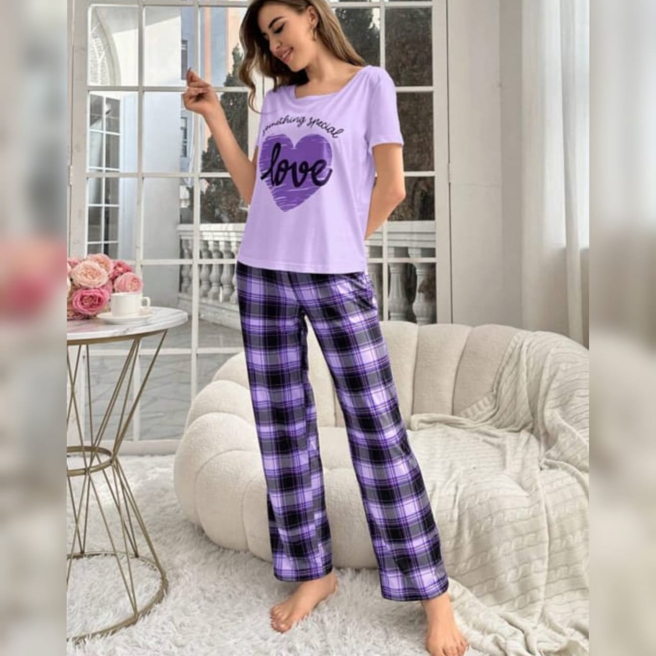 Purple Love Heart with Check trouser Half Sleeves  (844)