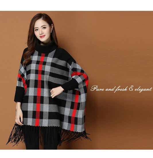 Check Black Red poncho/Cape Shawl   (poncho-27)