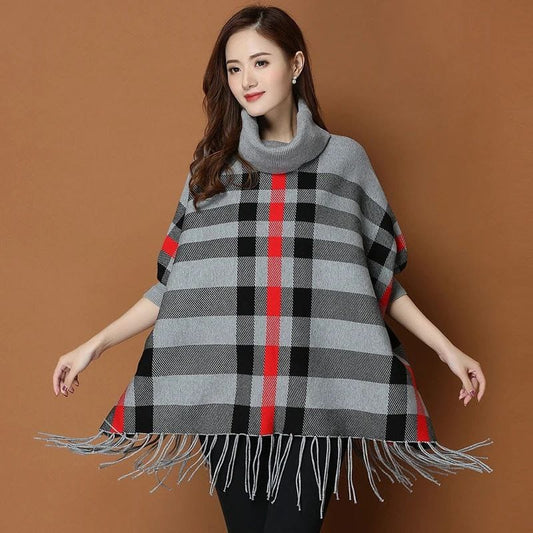 Check Gray Red poncho/Cape Shawl   (poncho-26)