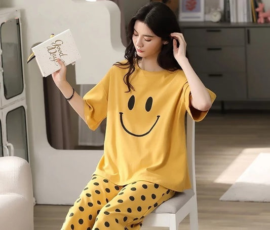 Yellow smiley with polka doted trouser half sleeves  for her  (492)