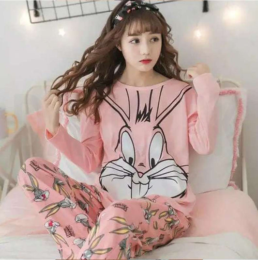 pink bunny full sleeves night suit for her(254)