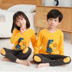 Yellow and Grey Dino Printed kids night suit for kids (387)