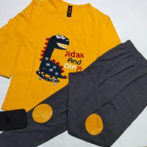 Yellow and Grey Dino Printed kids night suit for kids (387)