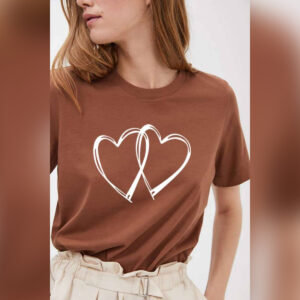 Brown 2 hearts Printed Round Neck Half Sleeves T-Shirt (T17)