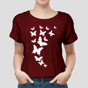 Maroon butterfly Printed Round Neck Half Sleeves T-Shirt (T19)