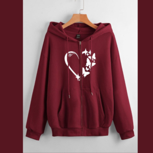 Maroon hearts butterfly winter warm zipper hoodie (671) (A)