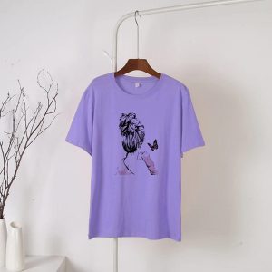 Purple Women Printed Round Neck Half Sleeves T-Shirt (682)