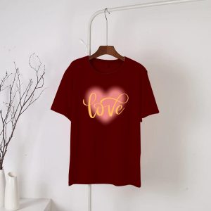 Maroon Heart Love Printed Round Neck Half Sleeves T-Shirt (681)
