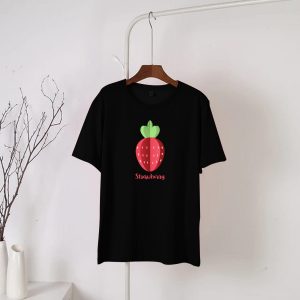 Black Strawberry Printed Round Neck Half Sleeves T-Shirt (680)