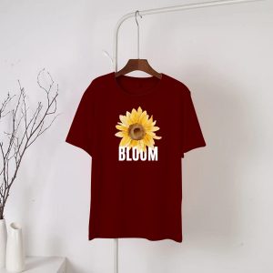 Maroon Bloom printed Round Neck Half Sleeves T-Shirt (676)