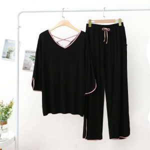 Plain Black with Pink Lace v Neck Full Sleeves(746)