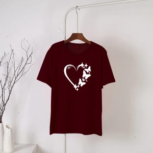 Maroon hearts butterfly Round Neck Half  Sleeves T-Shirt(729)
