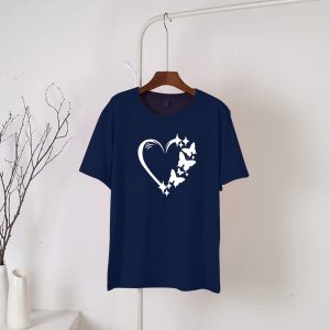 Navy Blue butterfly heart Round Neck Half  Sleeves T-Shirt(716)